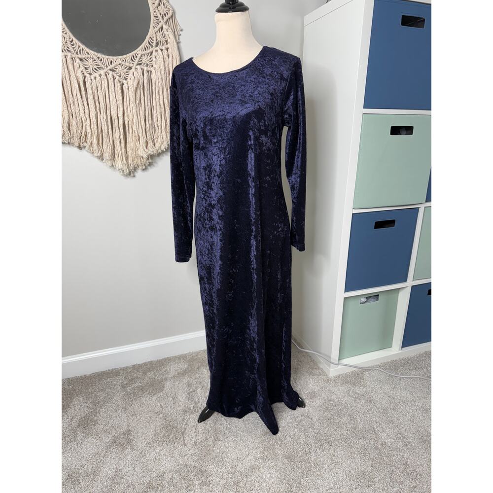Vtg Dark Blue-Purple Crushed Velvet Long-sleeved Maxi Dress M 8/10 Witchcore